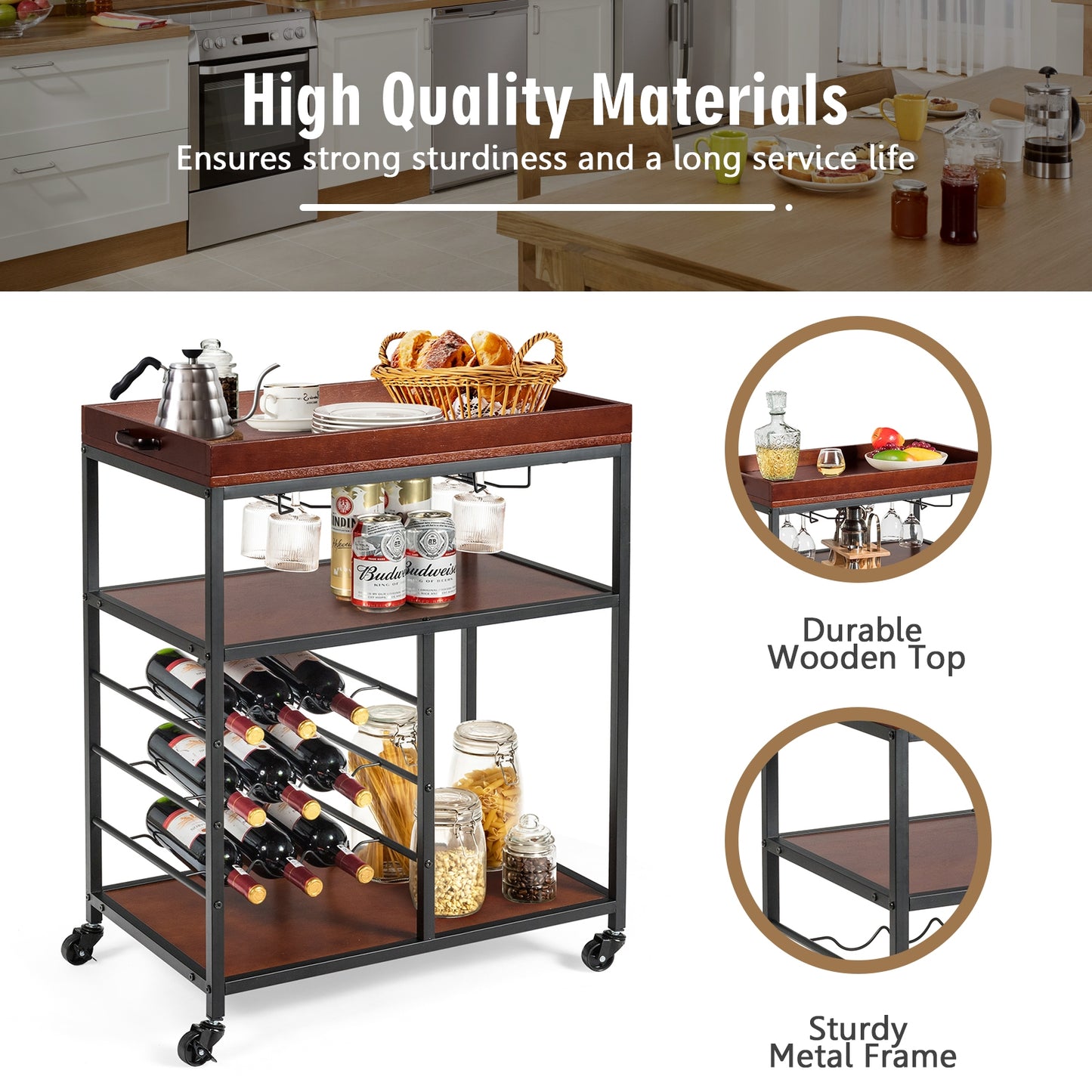 3-Tier Rolling Bar Cart with Wine Rack and Glass Holders for Kitchen and Dining