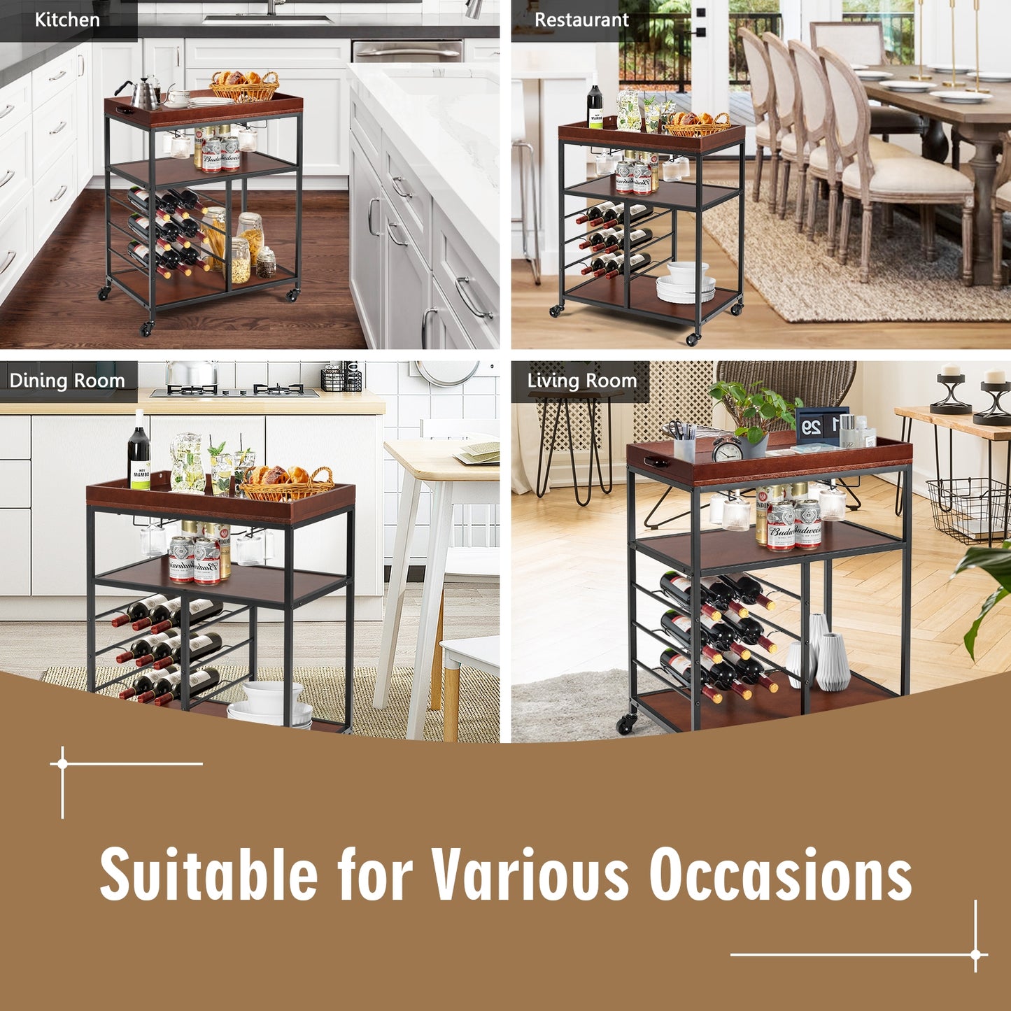 3-Tier Rolling Bar Cart with Wine Rack and Glass Holders for Kitchen and Dining