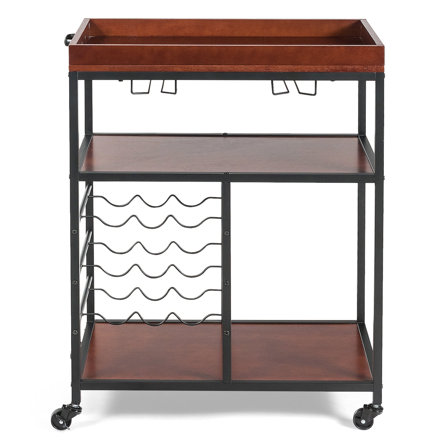 3-Tier Rolling Bar Cart with Wine Rack and Glass Holders for Kitchen and Dining