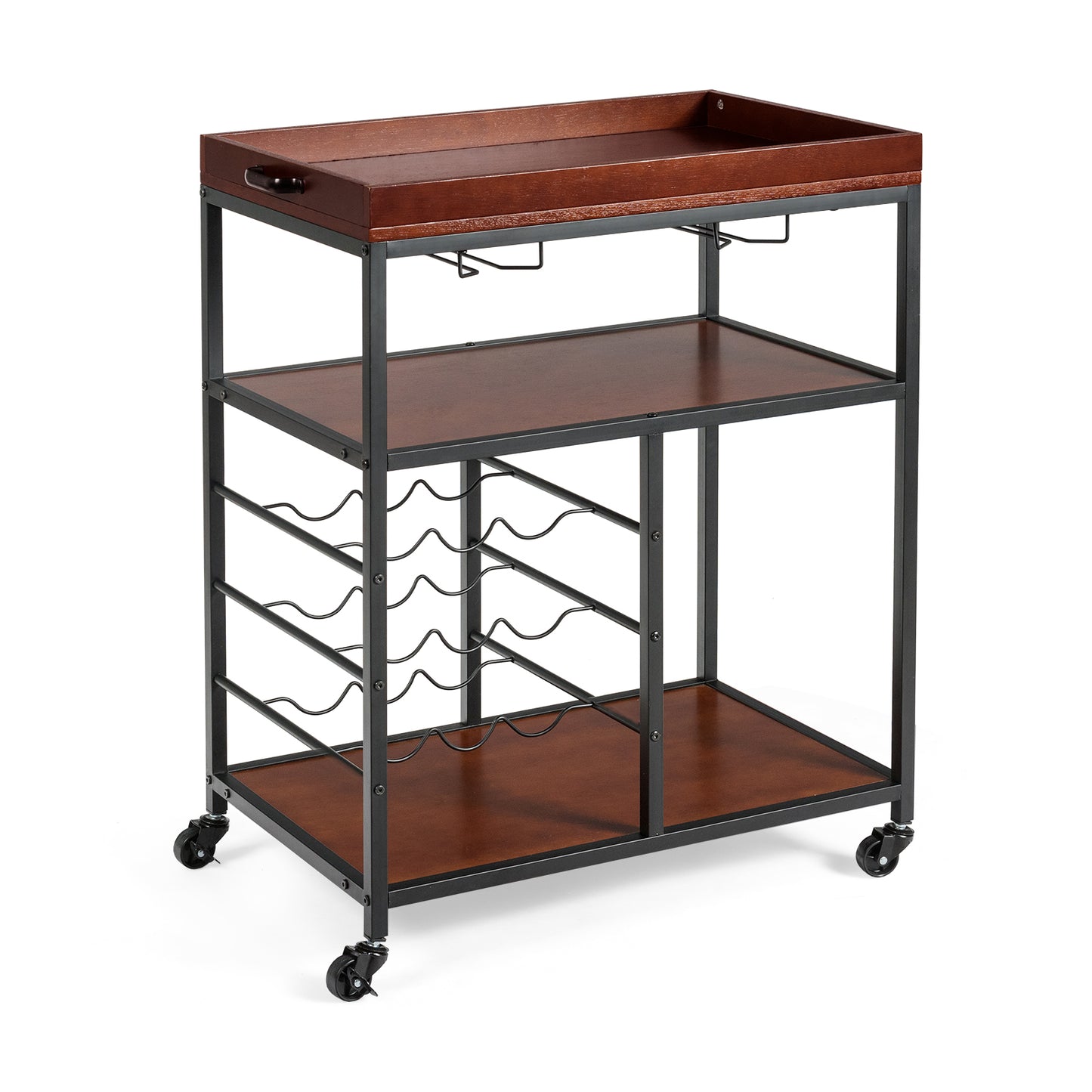 3-Tier Rolling Bar Cart with Wine Rack and Glass Holders for Kitchen and Dining