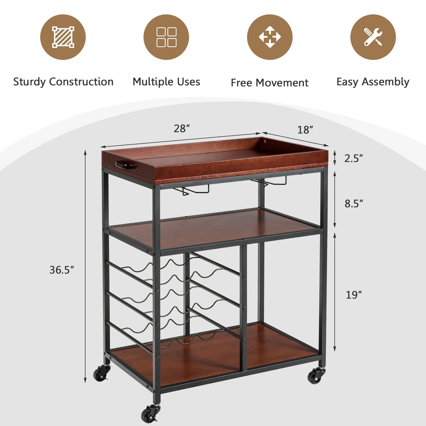 3-Tier Rolling Bar Cart with Wine Rack and Glass Holders for Kitchen and Dining
