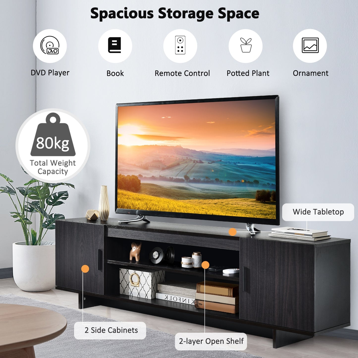Sleek Wooden Entertainment Center with Storage Cabinets and Open Display for TVs up to 65 Inches
