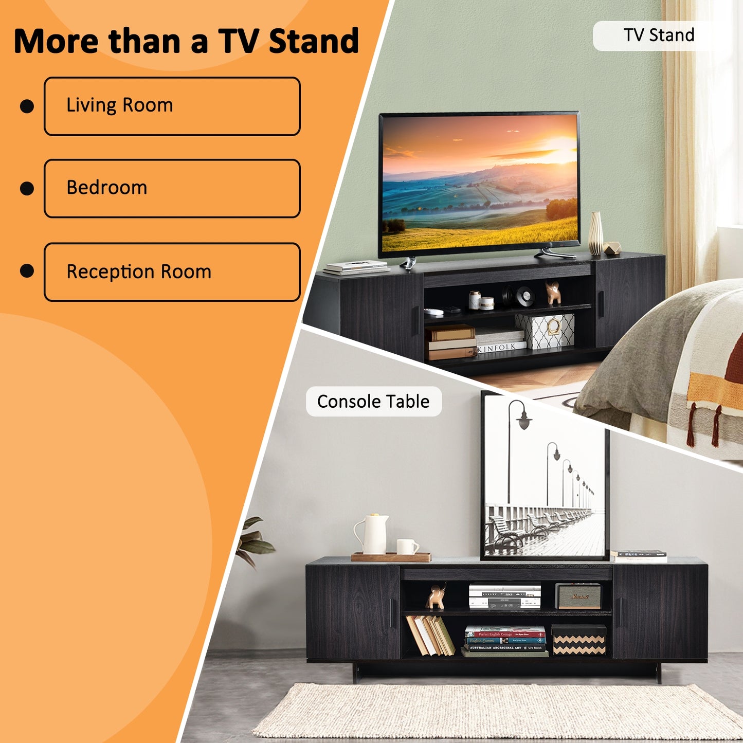 Sleek Wooden Entertainment Center with Storage Cabinets and Open Display for TVs up to 65 Inches
