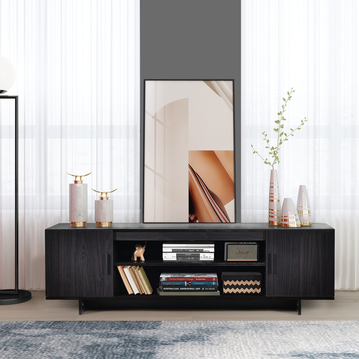 Sleek Wooden Entertainment Center with Storage Cabinets and Open Display for TVs up to 65 Inches