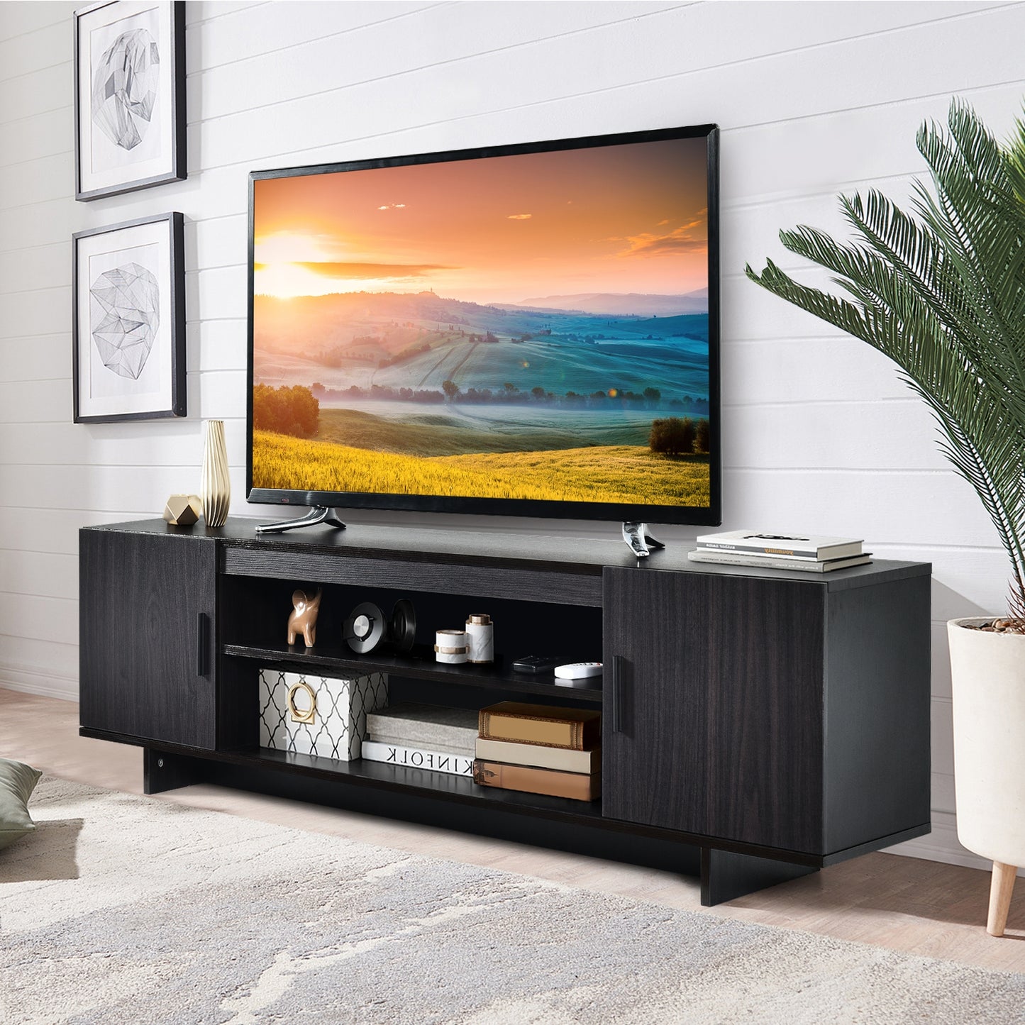 Sleek Wooden Entertainment Center with Storage Cabinets and Open Display for TVs up to 65 Inches
