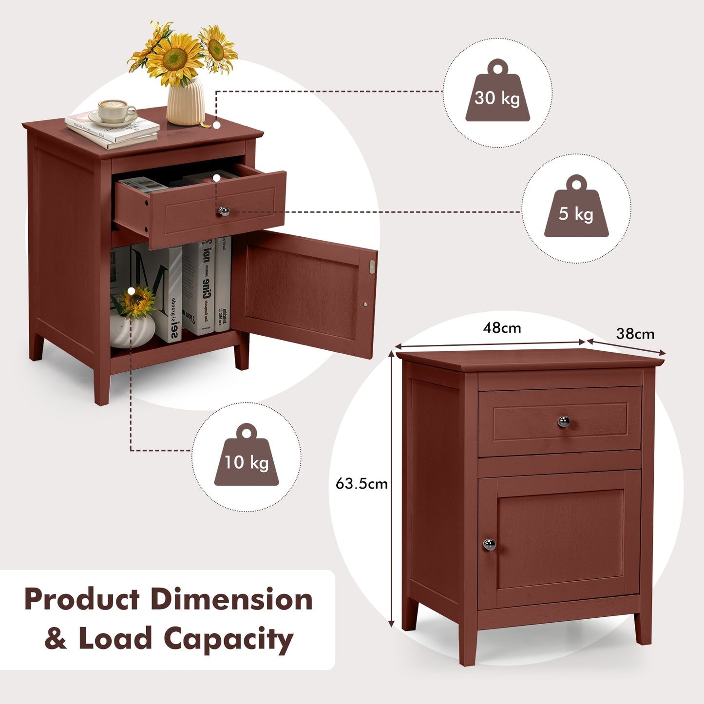 2-Tier Wood Accent Table with Drawer and Cabinet Storage in Walnut Finish