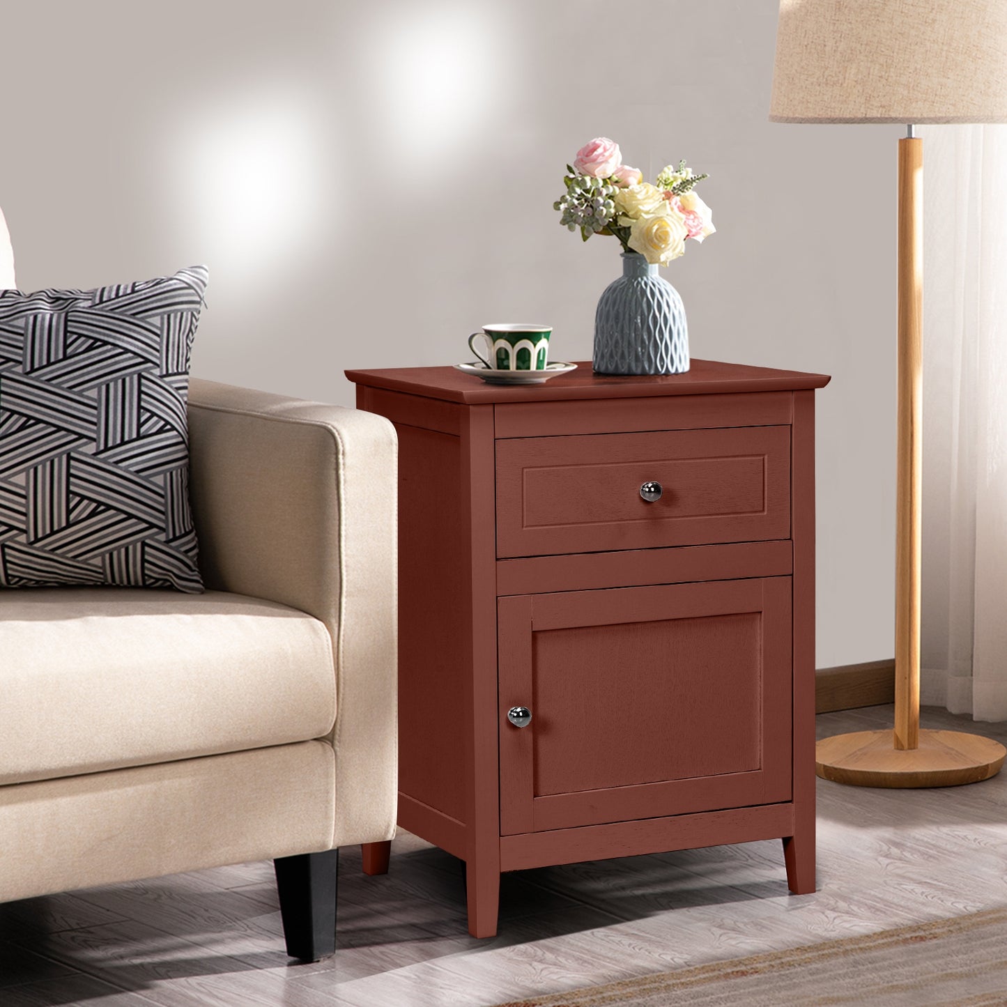 2-Tier Wood Accent Table with Drawer and Cabinet Storage in Walnut Finish