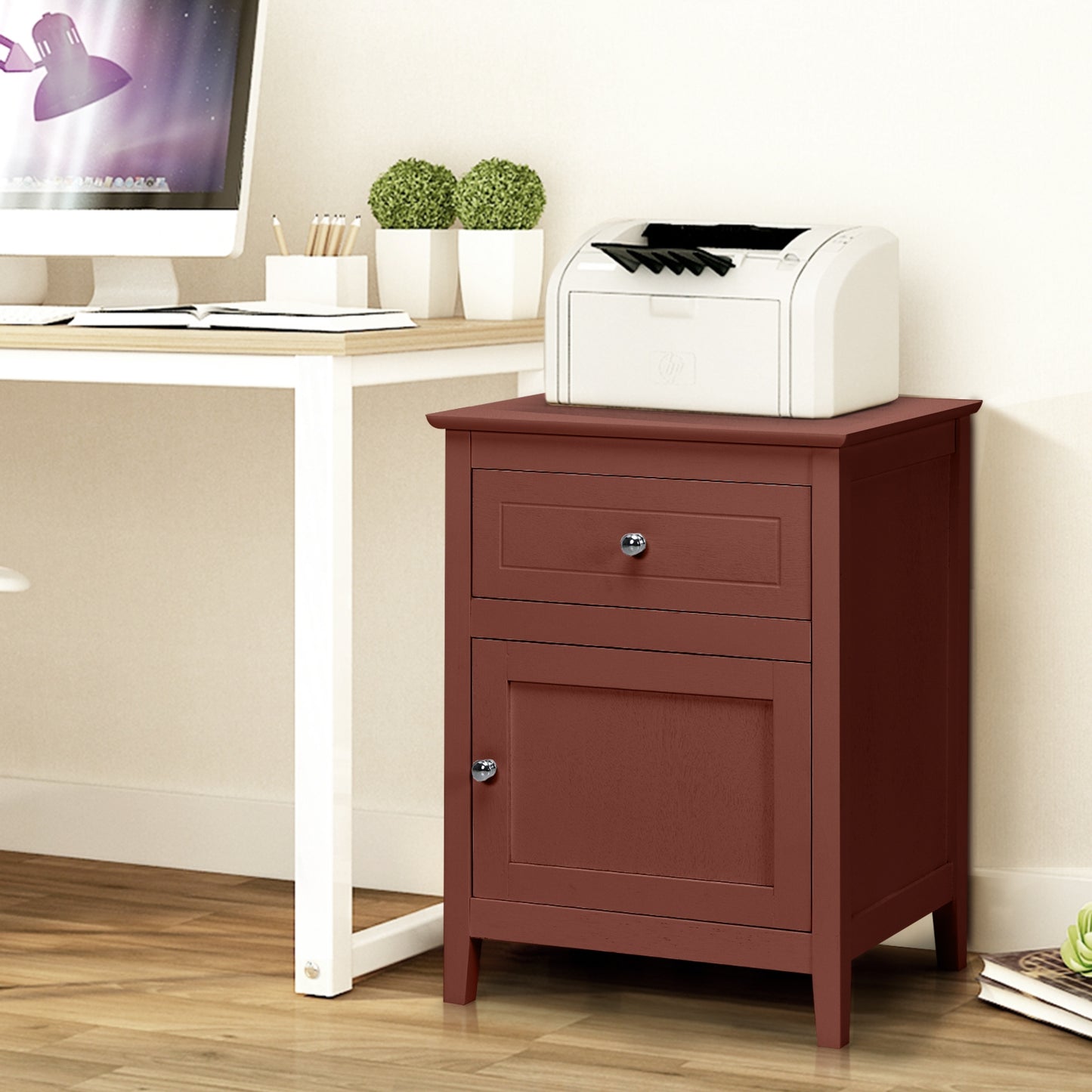 2-Tier Wood Accent Table with Drawer and Cabinet Storage in Walnut Finish