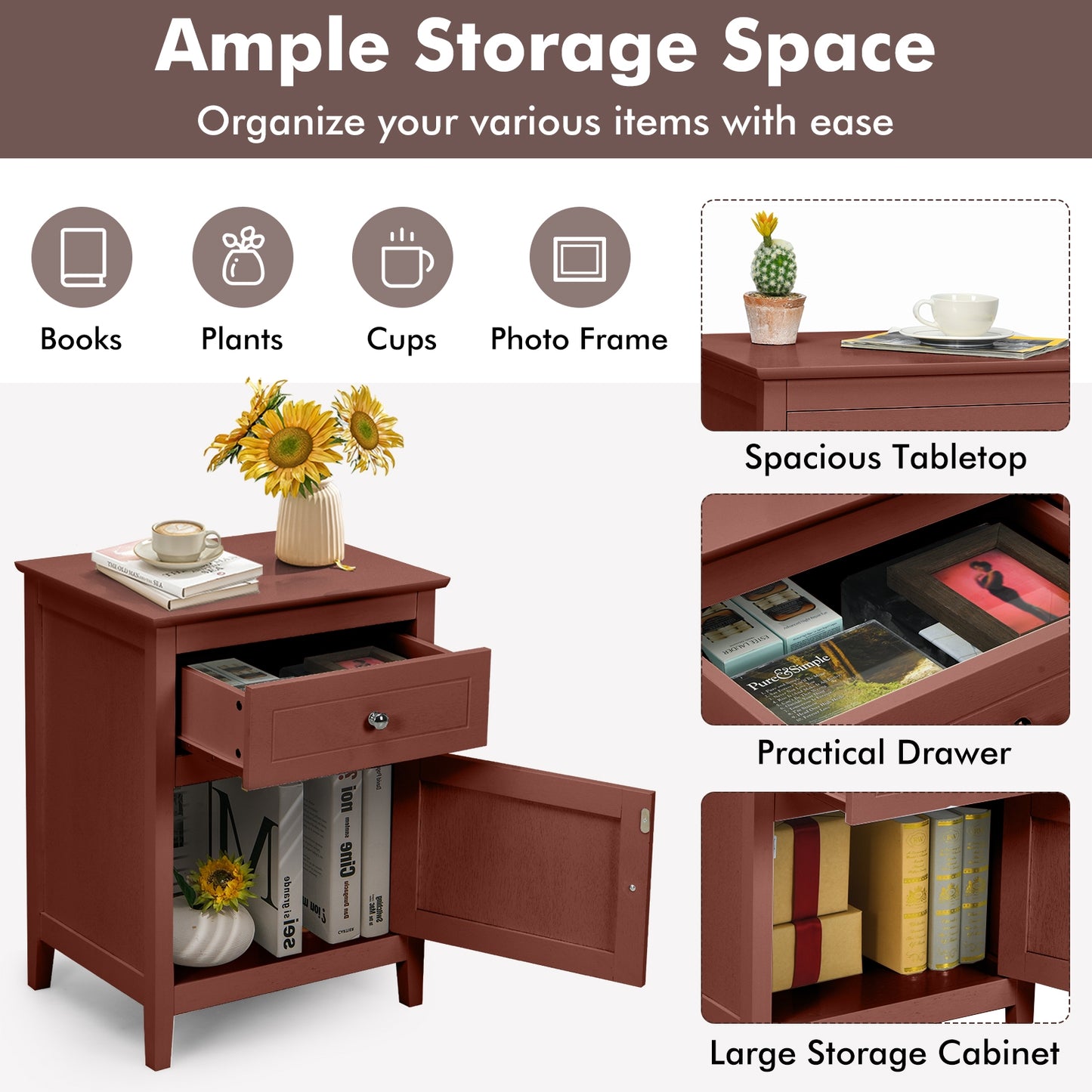 2-Tier Wood Accent Table with Drawer and Cabinet Storage in Walnut Finish