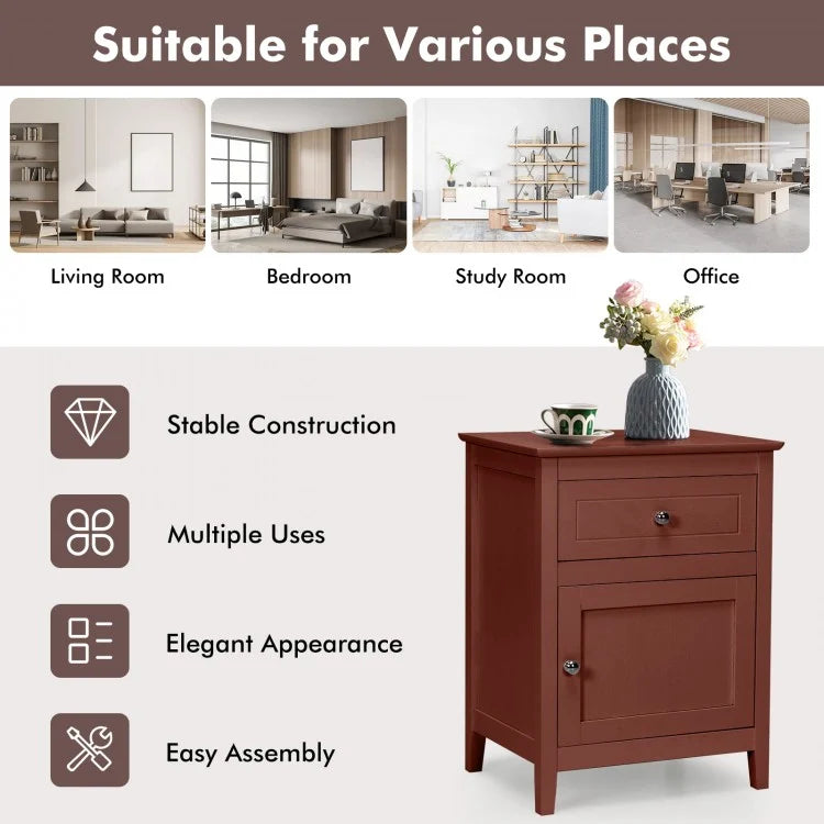2-Tier Wood Accent Table with Drawer and Cabinet Storage in Walnut Finish