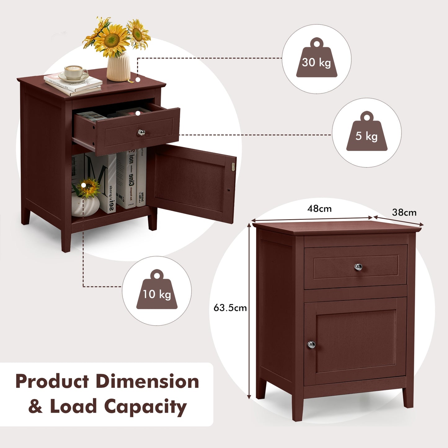 2-Tier Wood Accent Table with Drawer and Cabinet Storage in Dark Brown Finish