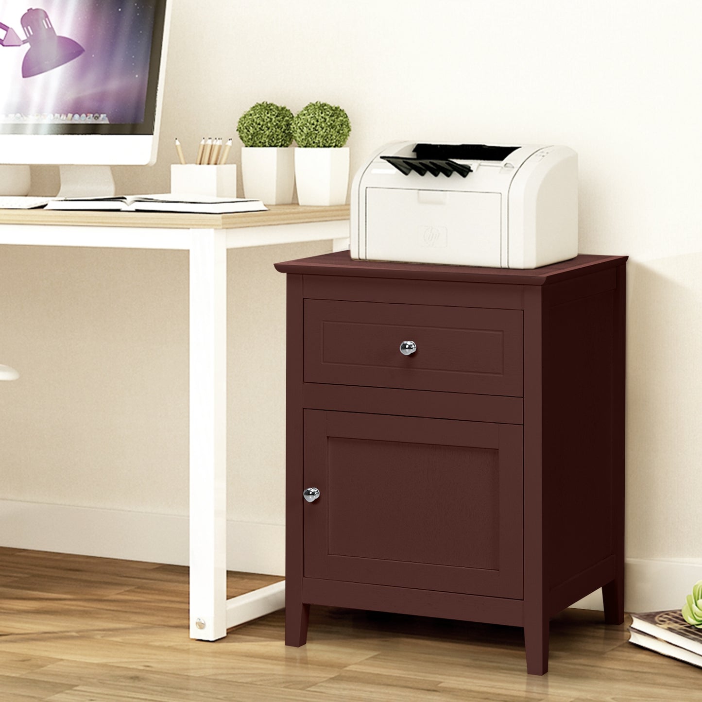 2-Tier Wood Accent Table with Drawer and Cabinet Storage in Dark Brown Finish