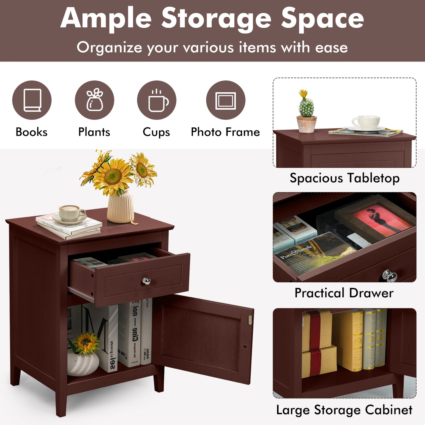 2-Tier Wood Accent Table with Drawer and Cabinet Storage in Dark Brown Finish