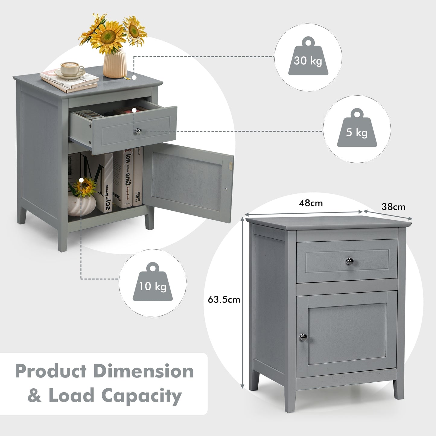 2-Tier Wood Accent Table with Drawer and Cabinet Storage in Grey Finish