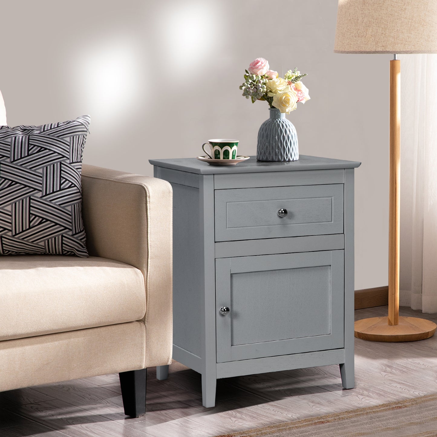2-Tier Wood Accent Table with Drawer and Cabinet Storage in Grey Finish
