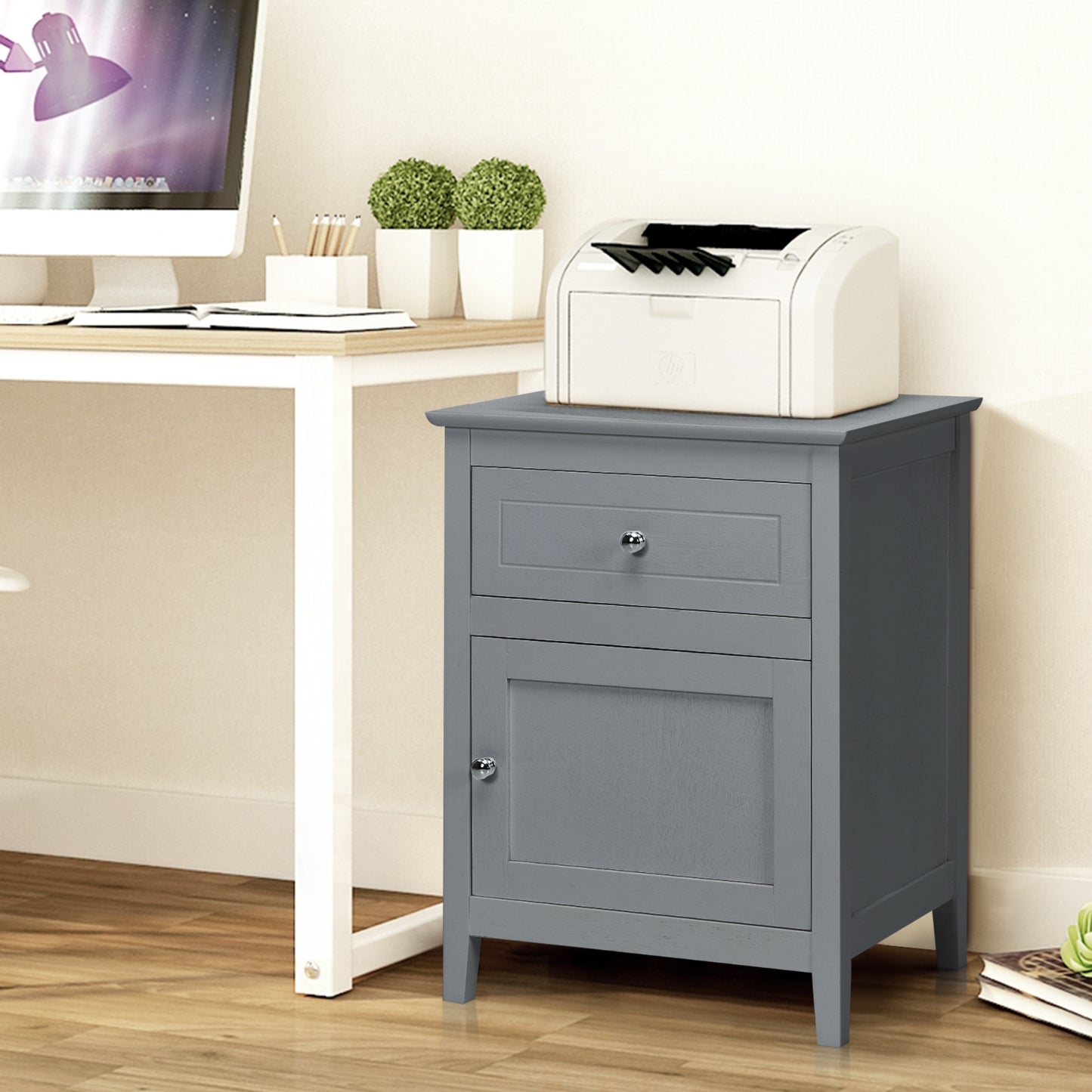 2-Tier Wood Accent Table with Drawer and Cabinet Storage in Grey Finish