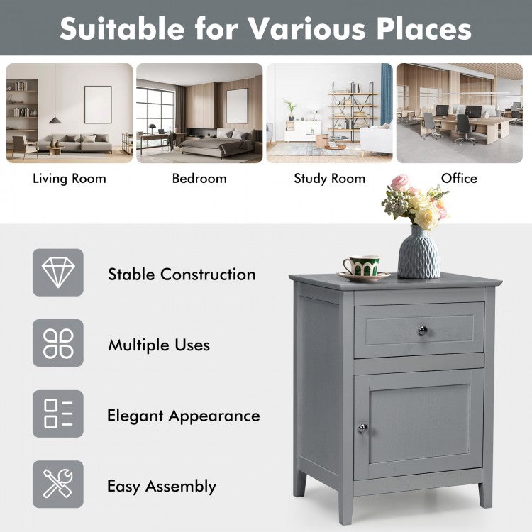 2-Tier Wood Accent Table with Drawer and Cabinet Storage in Grey Finish