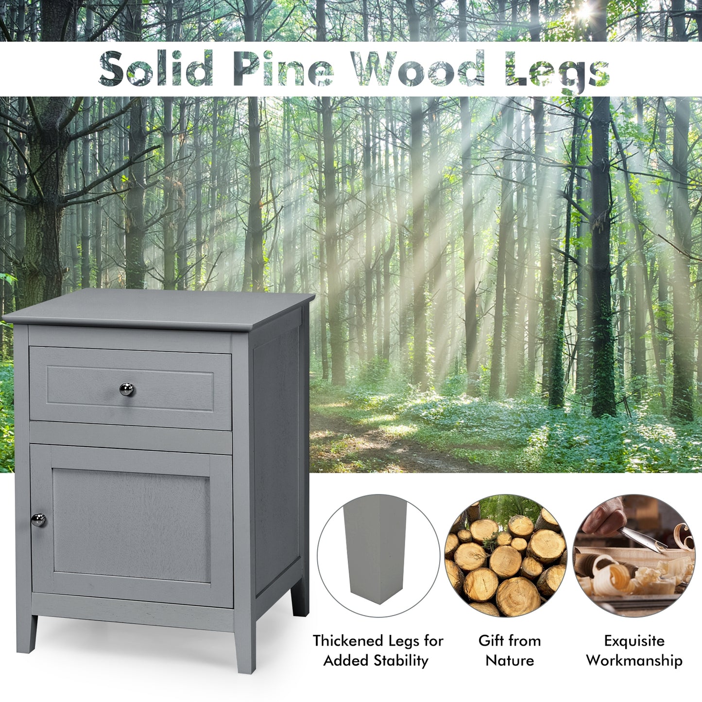 2-Tier Wood Accent Table with Drawer and Cabinet Storage in Grey Finish