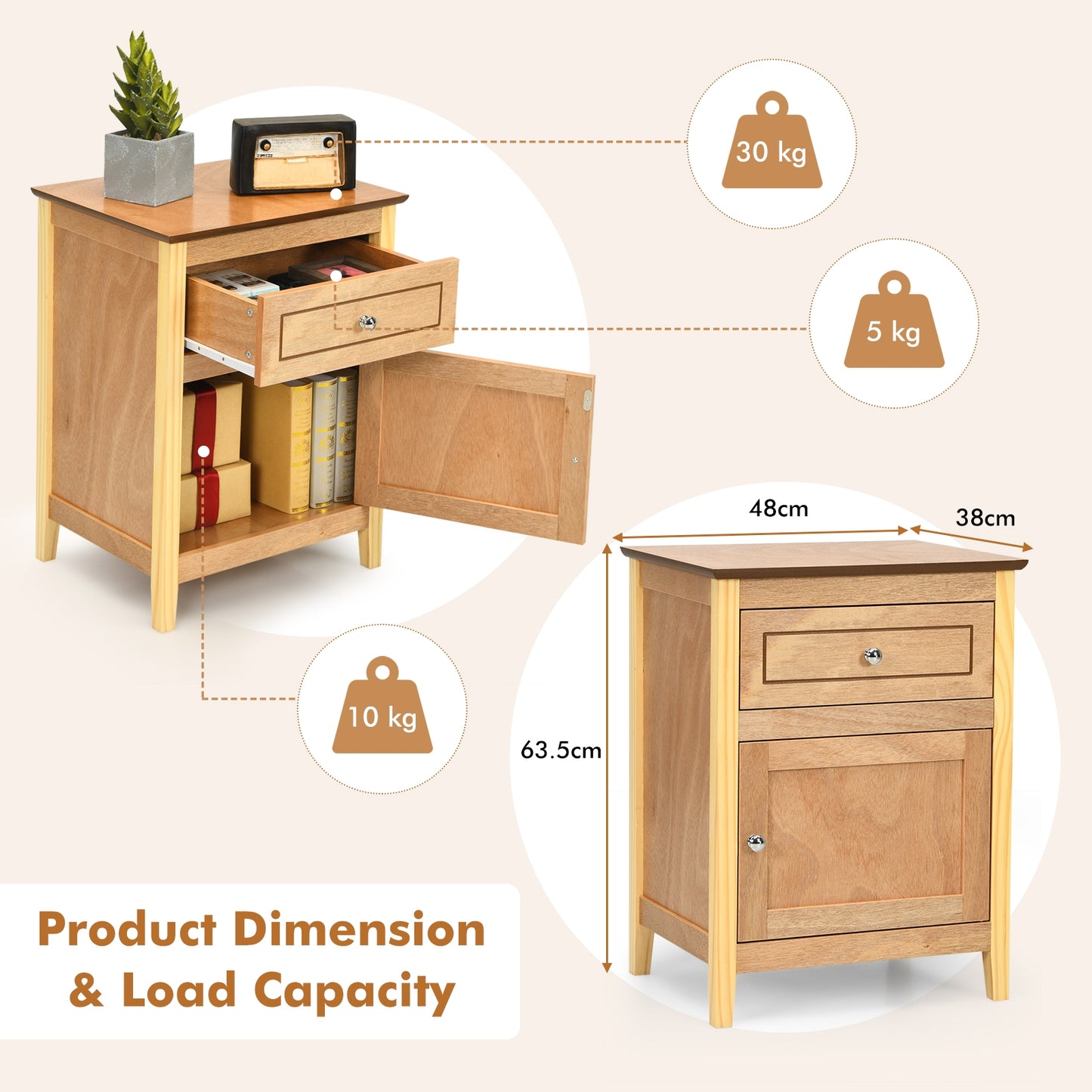2-Tier Wood Accent Table with Drawer and Cabinet Storage in Natural Finish