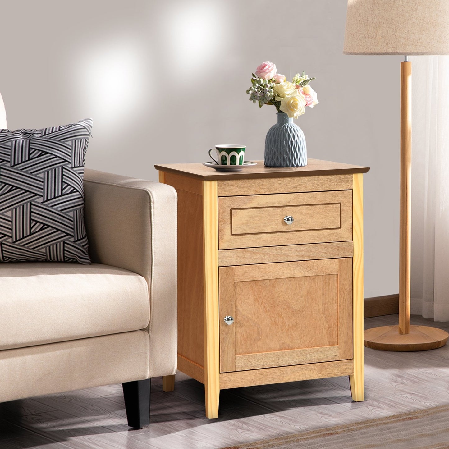 2-Tier Wood Accent Table with Drawer and Cabinet Storage in Natural Finish