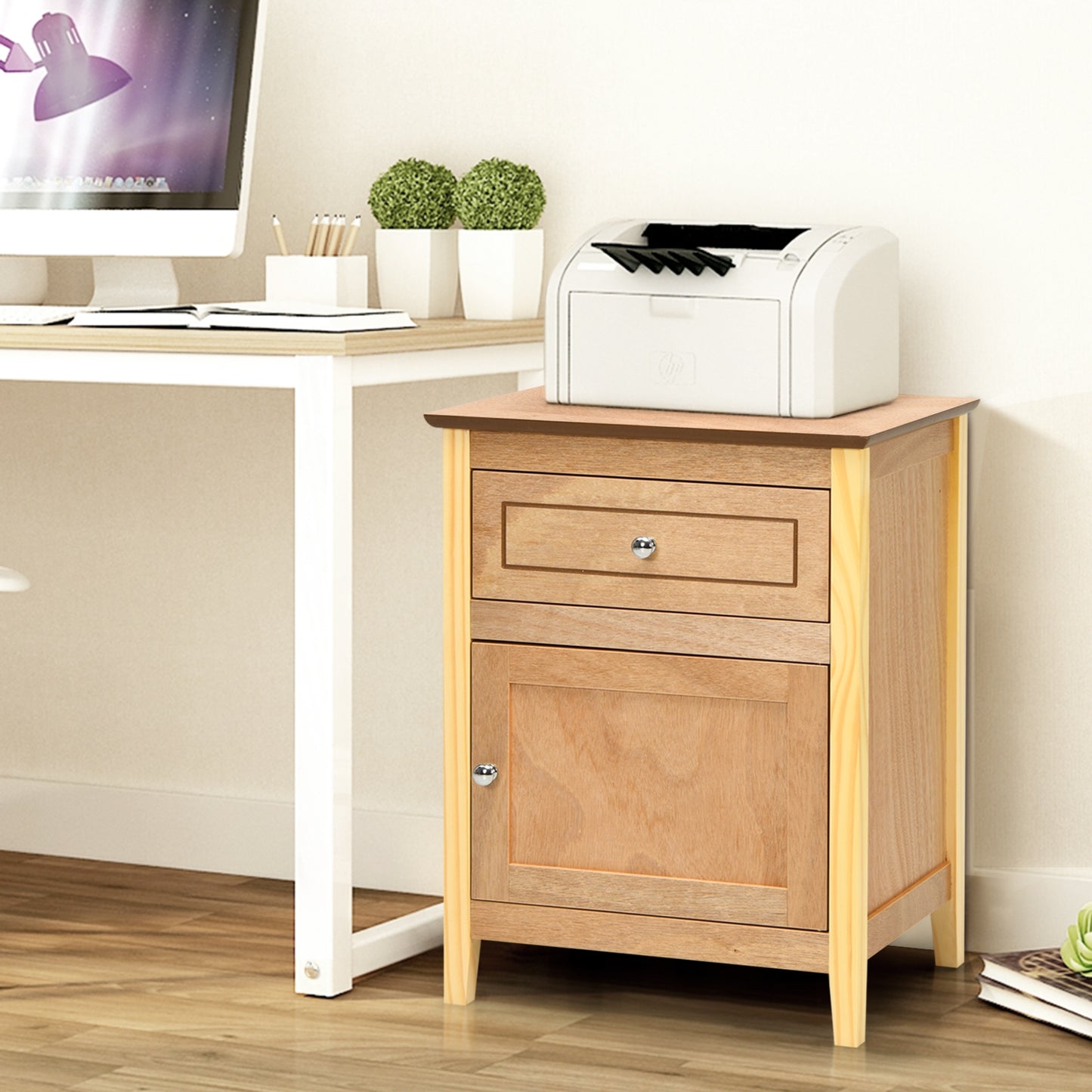 2-Tier Wood Accent Table with Drawer and Cabinet Storage in Natural Finish