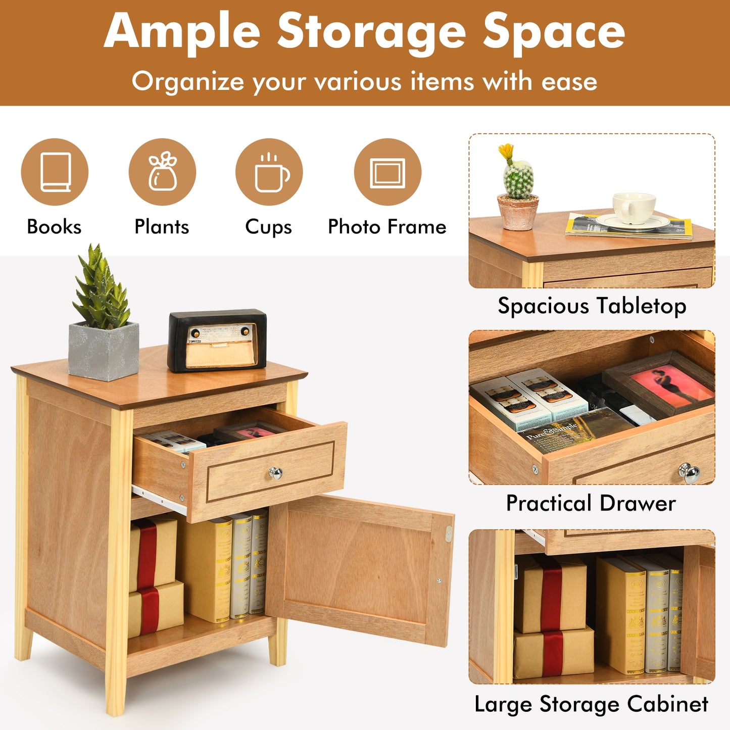 2-Tier Wood Accent Table with Drawer and Cabinet Storage in Natural Finish