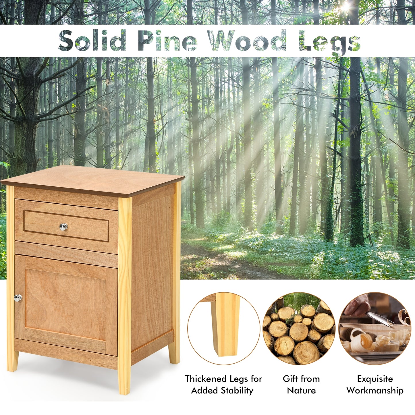 2-Tier Wood Accent Table with Drawer and Cabinet Storage in Natural Finish