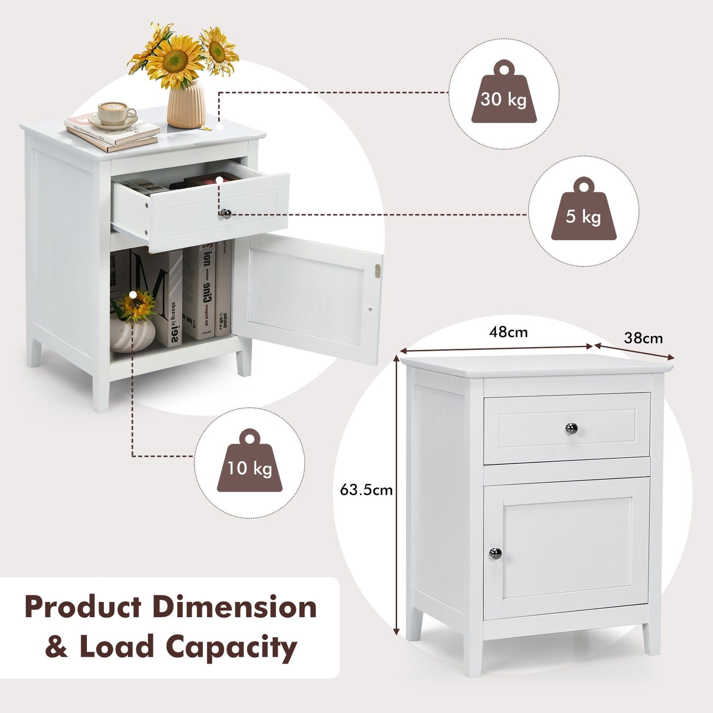 2-Tier Wood Accent Table with Drawer and Cabinet Storage in White Finish