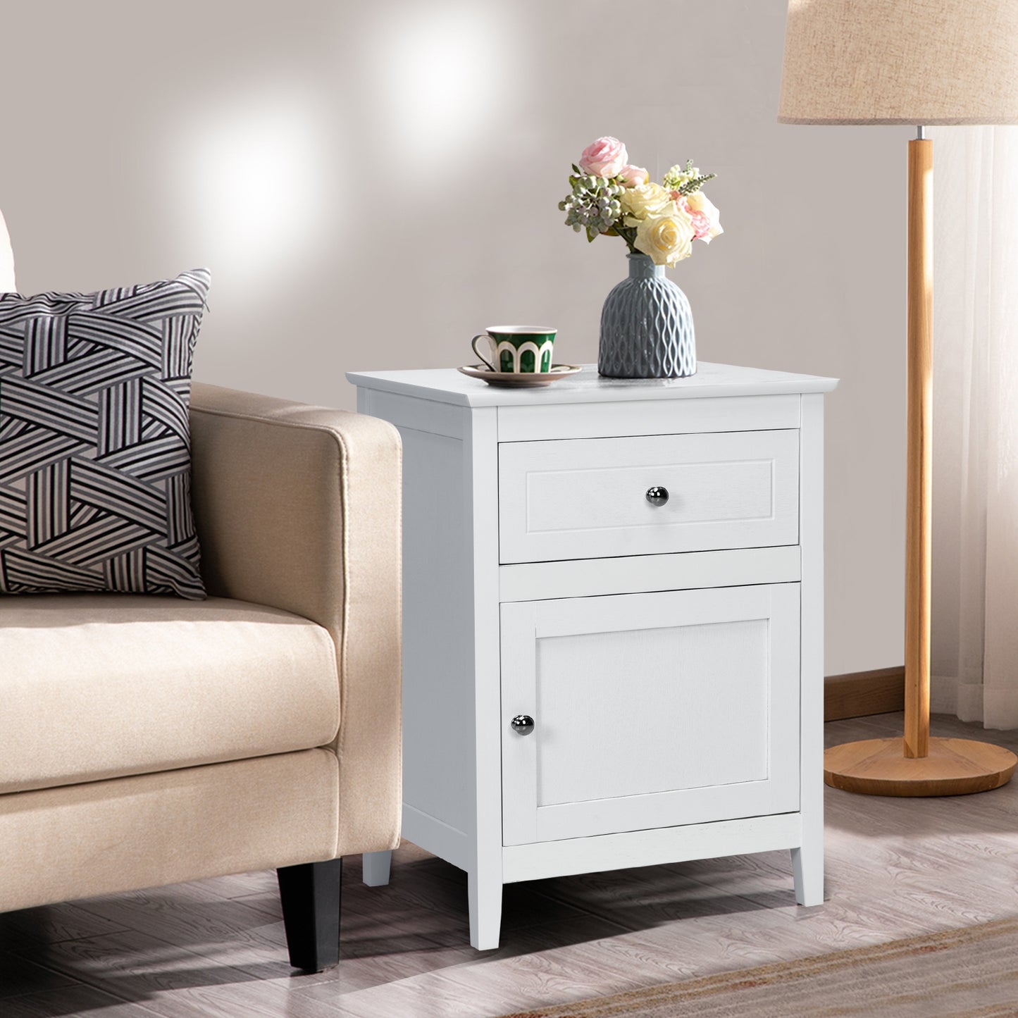 2-Tier Wood Accent Table with Drawer and Cabinet Storage in White Finish