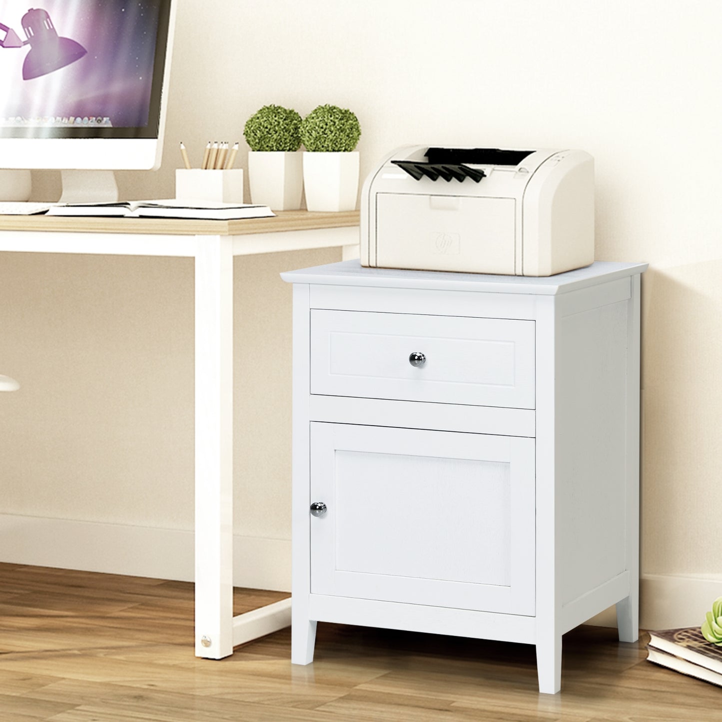 2-Tier Wood Accent Table with Drawer and Cabinet Storage in White Finish