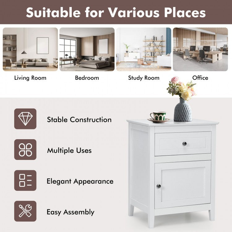 2-Tier Wood Accent Table with Drawer and Cabinet Storage in White Finish