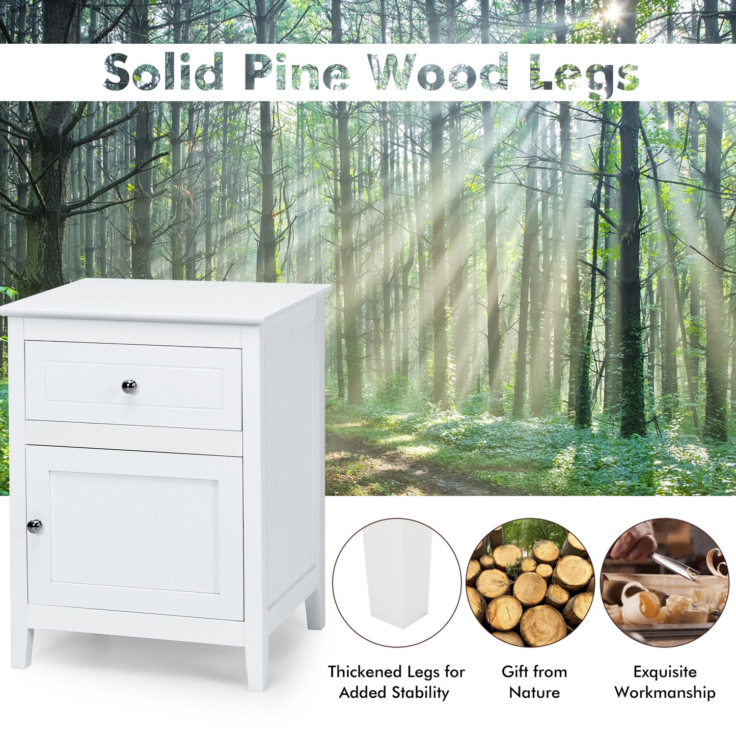 2-Tier Wood Accent Table with Drawer and Cabinet Storage in White Finish