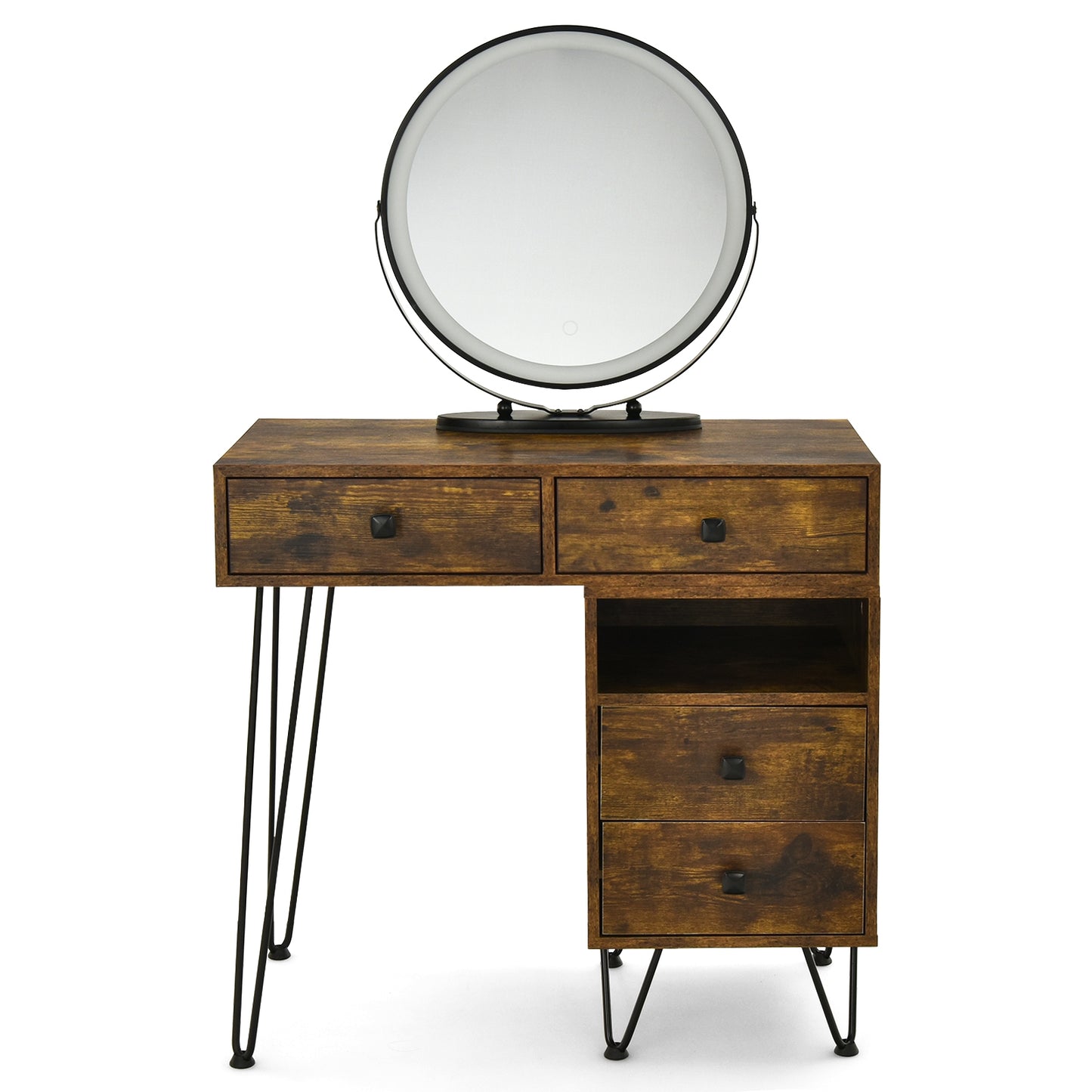 Modern Vanity Table with Storage Cabinet, Adjustable LED Mirror & Cushioned Stool - Rustic Brown