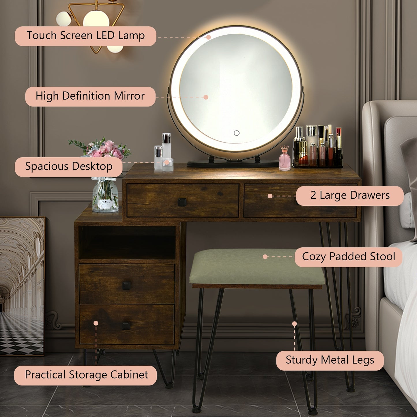 Modern Vanity Table with Storage Cabinet, Adjustable LED Mirror & Cushioned Stool - Rustic Brown