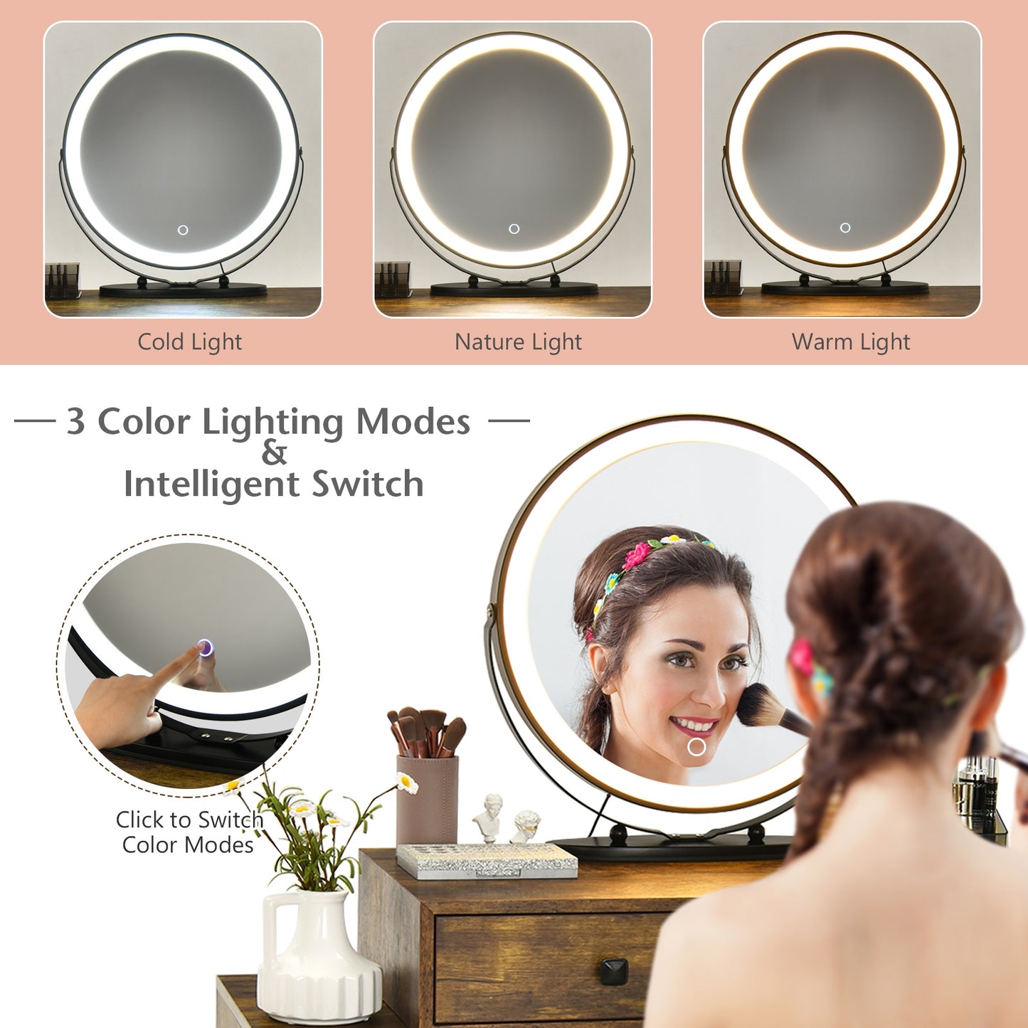 Modern Vanity Table with Storage Cabinet, Adjustable LED Mirror & Cushioned Stool - Rustic Brown
