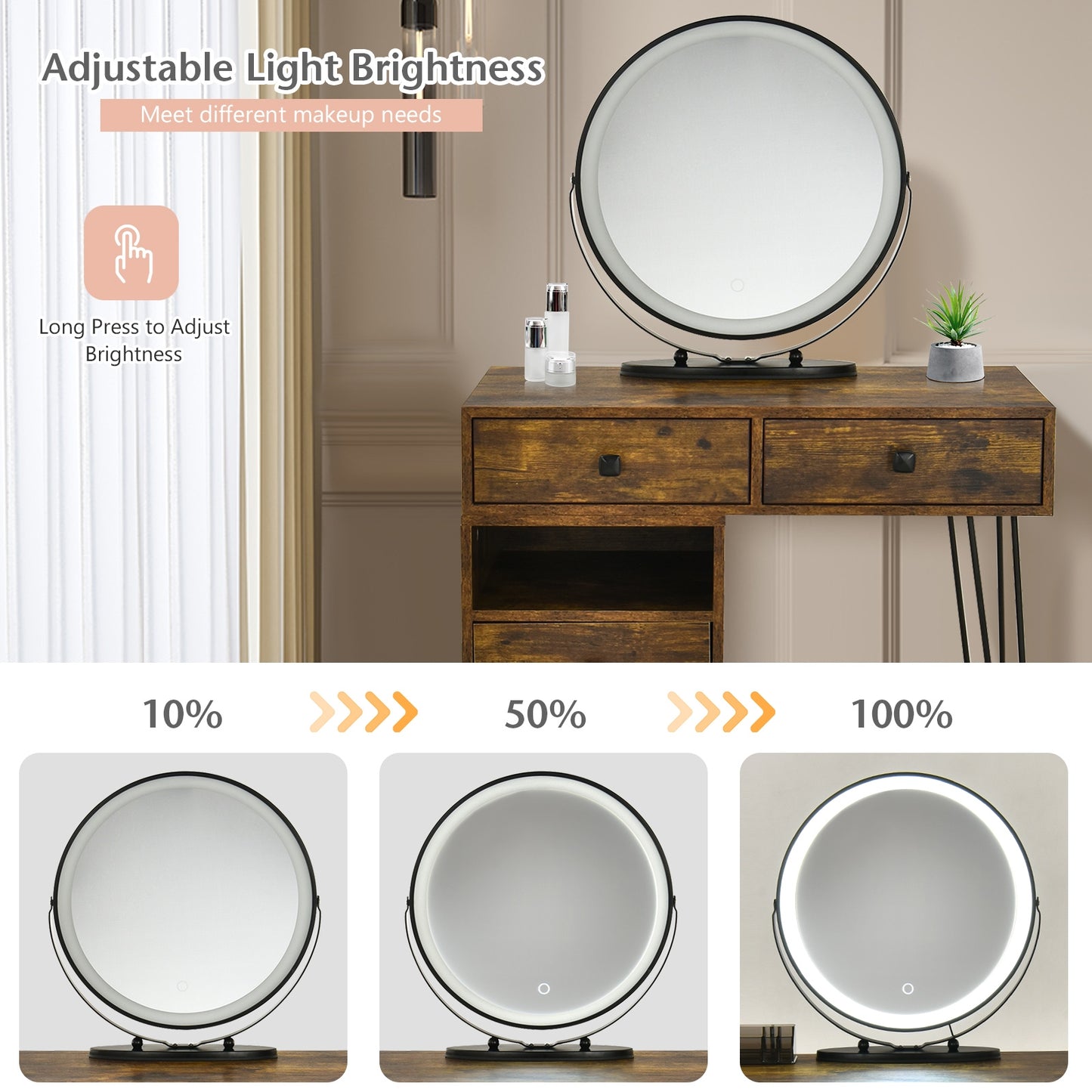 Modern Vanity Table with Storage Cabinet, Adjustable LED Mirror & Cushioned Stool - Rustic Brown
