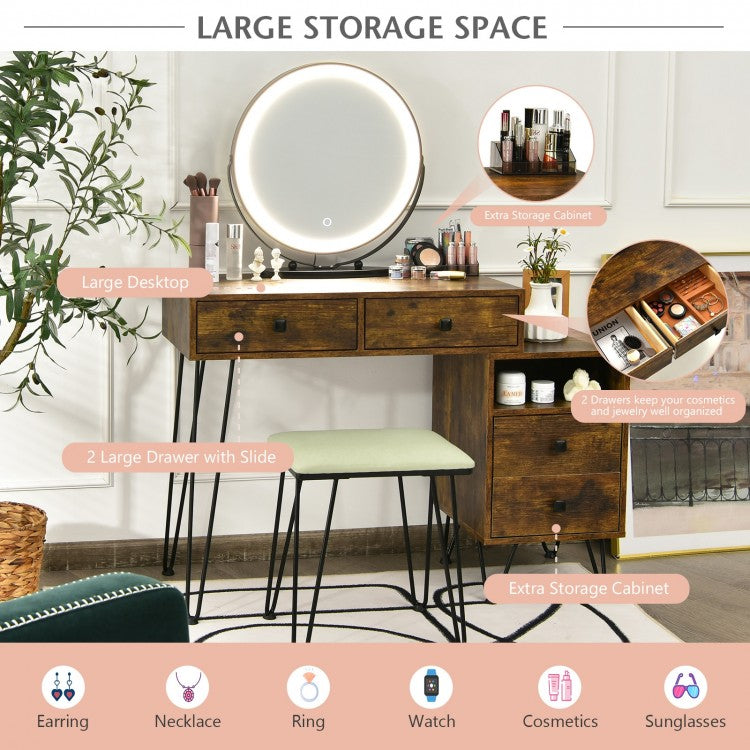 Modern Vanity Table with Storage Cabinet, Adjustable LED Mirror & Cushioned Stool - Rustic Brown