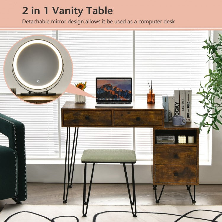 Modern Vanity Table with Storage Cabinet, Adjustable LED Mirror & Cushioned Stool - Rustic Brown