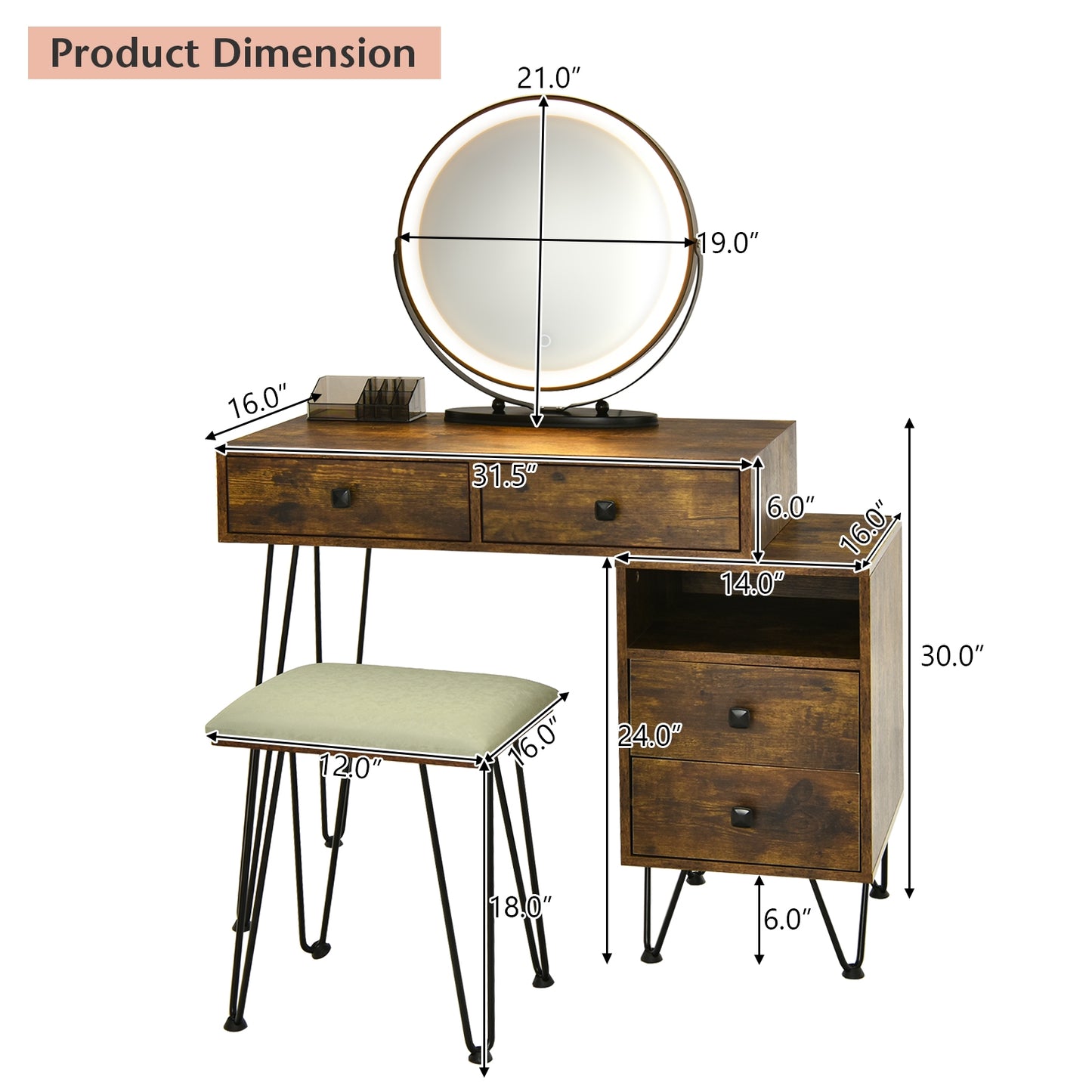 Modern Vanity Table with Storage Cabinet, Adjustable LED Mirror & Cushioned Stool - Rustic Brown