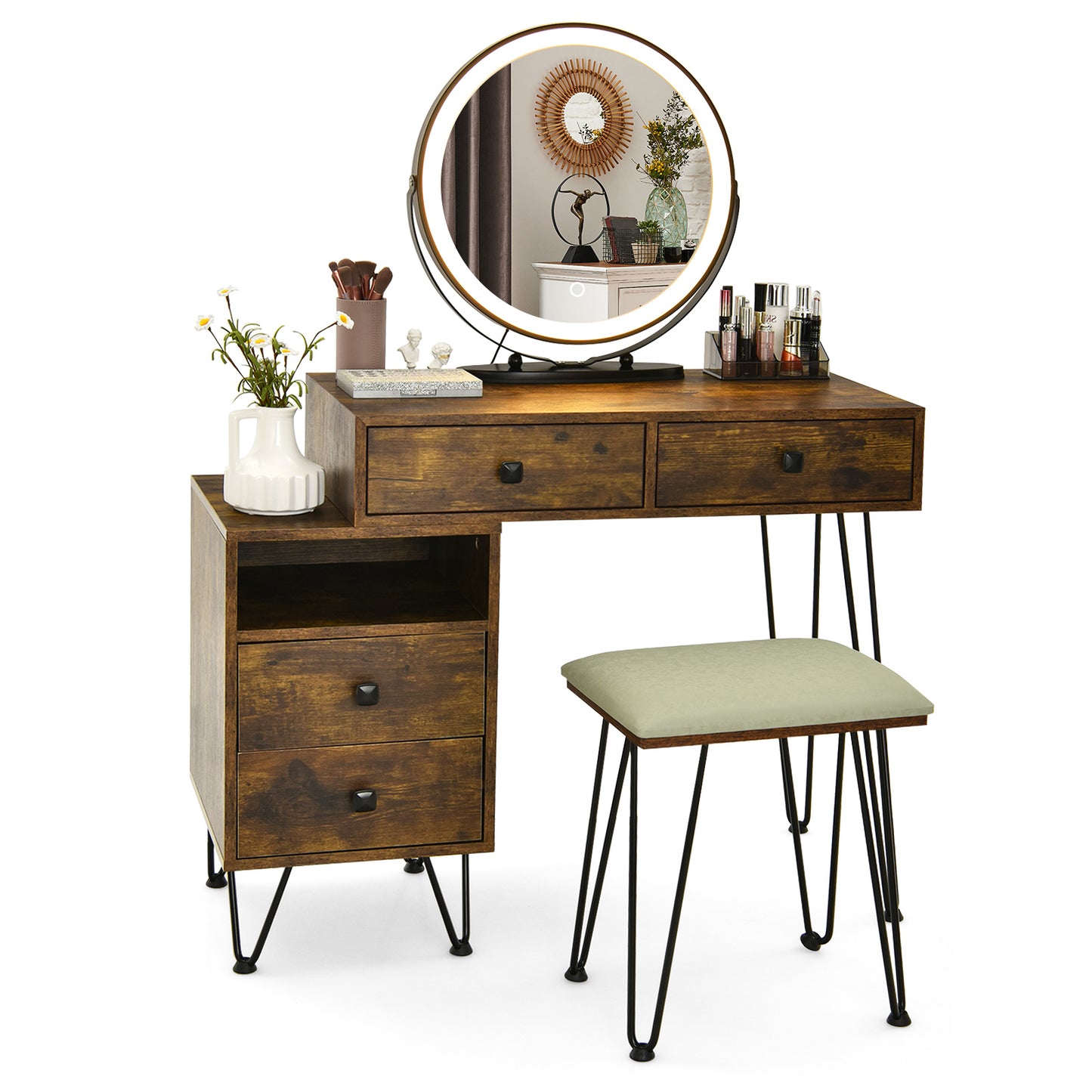 Modern Vanity Table with Storage Cabinet, Adjustable LED Mirror & Cushioned Stool - Rustic Brown