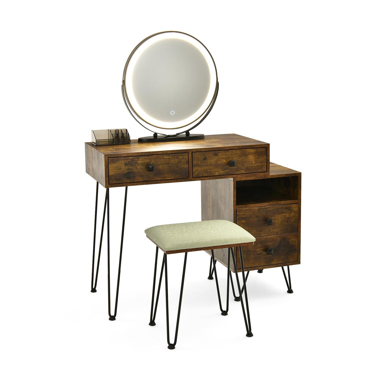 Modern Vanity Table with Storage Cabinet, Adjustable LED Mirror & Cushioned Stool - Rustic Brown