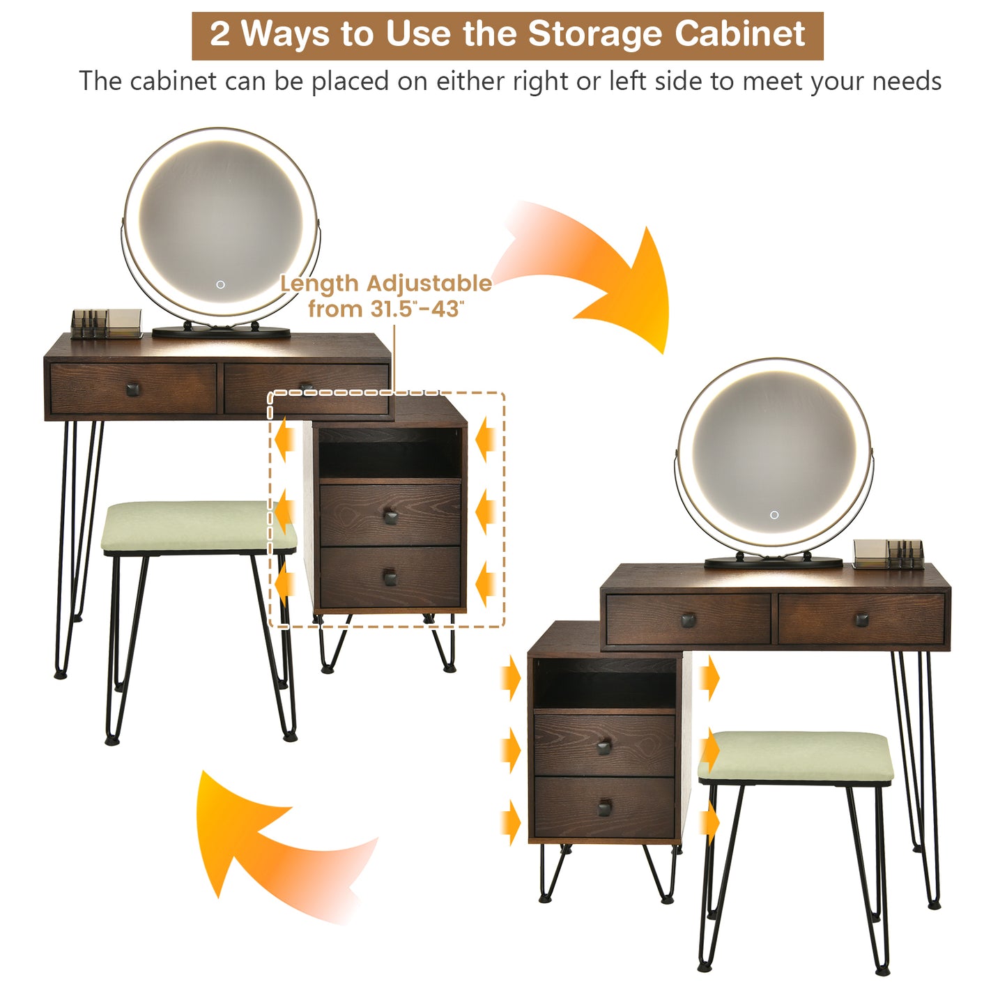 Modern Vanity Table with Storage Cabinet, Adjustable LED Mirror & Cushioned Stool - Rustic Brown