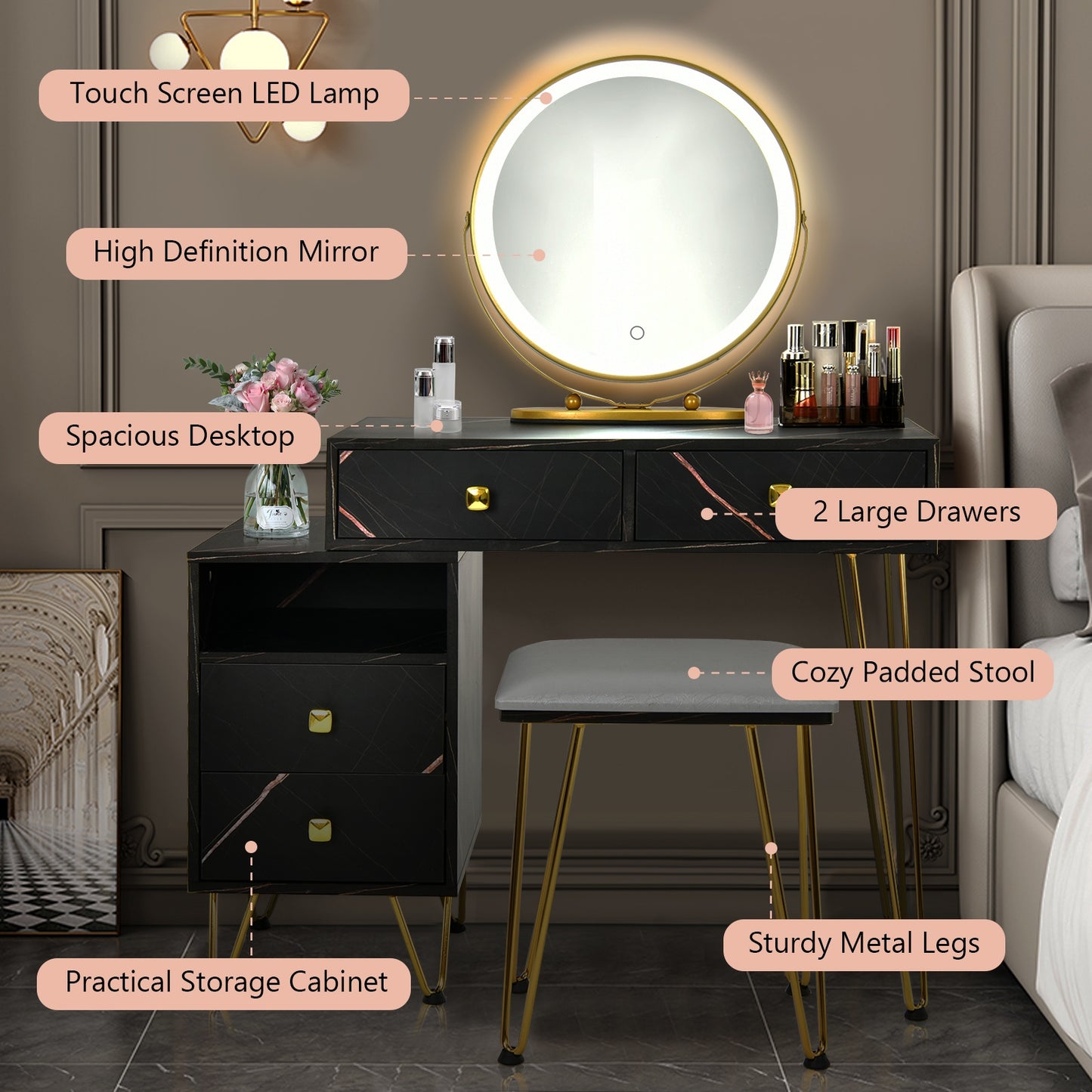 Modern Vanity Table with Storage Cabinet, Adjustable LED Mirror & Cushioned Stool - Black
