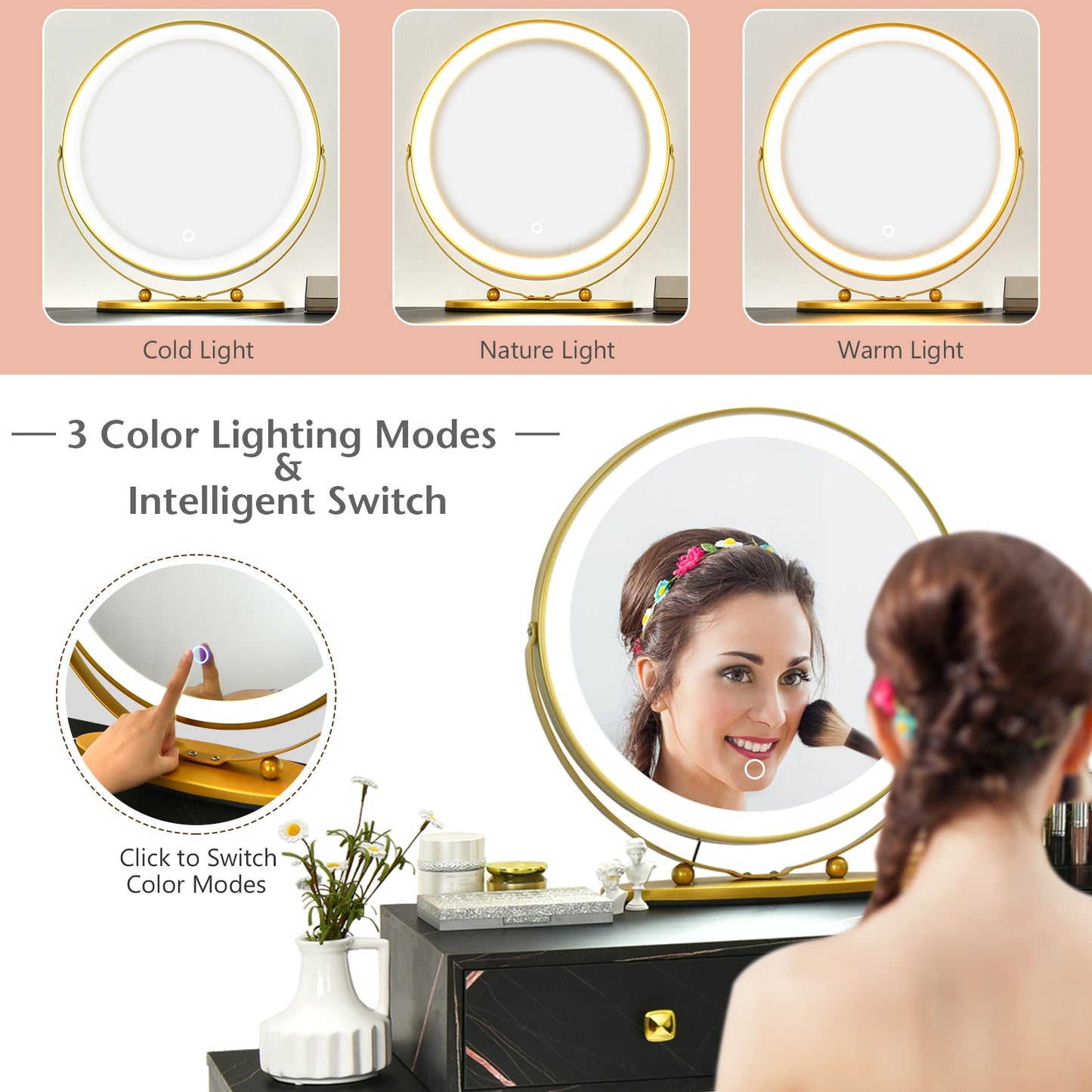 Modern Vanity Table with Storage Cabinet, Adjustable LED Mirror & Cushioned Stool - Black