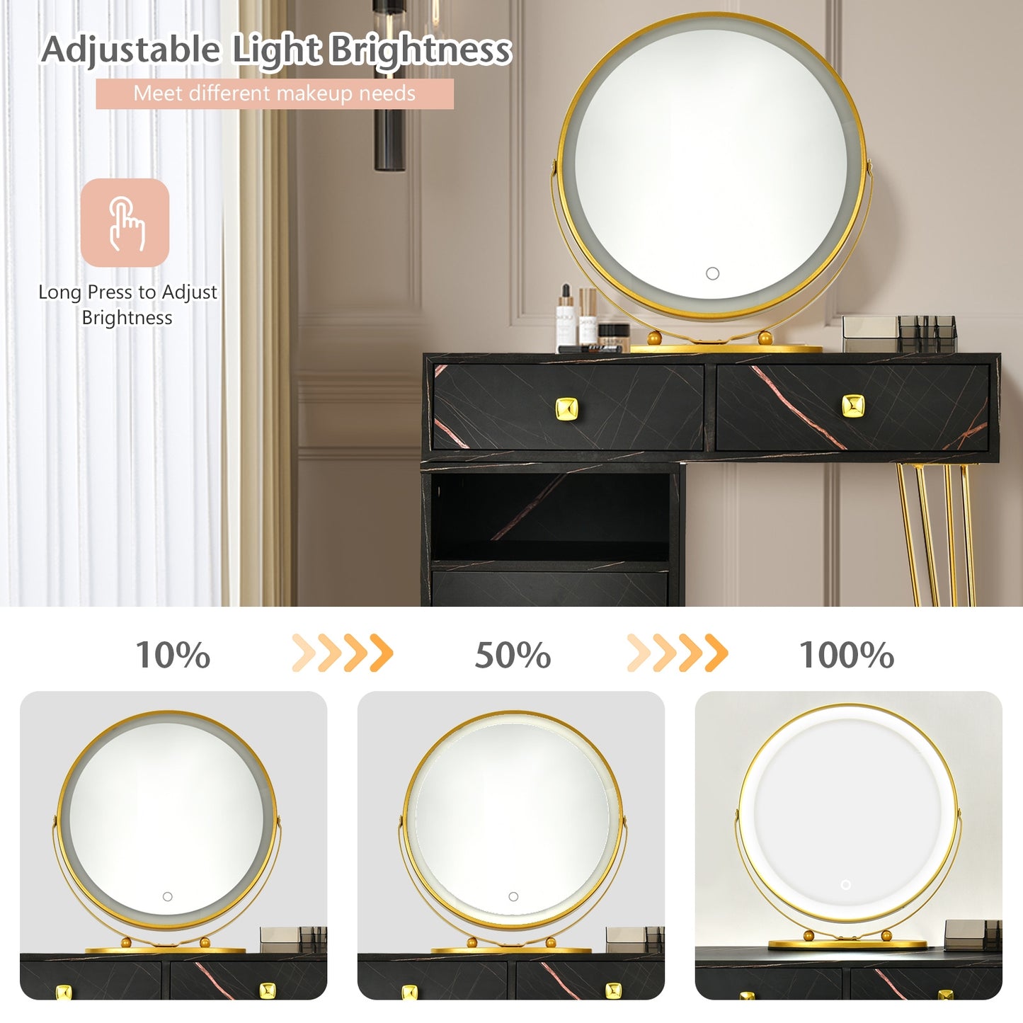 Modern Vanity Table with Storage Cabinet, Adjustable LED Mirror & Cushioned Stool - Black