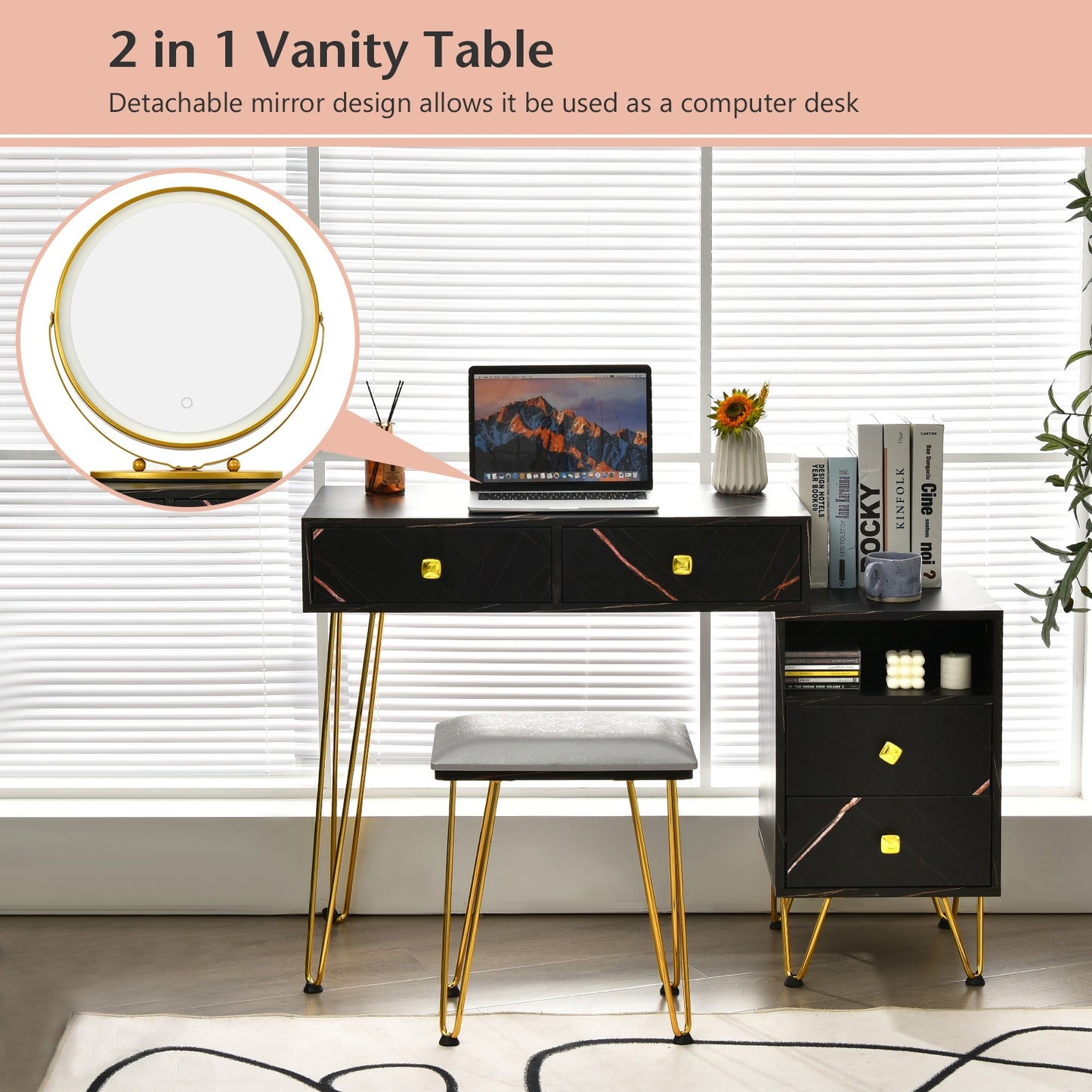 Modern Vanity Table with Storage Cabinet, Adjustable LED Mirror & Cushioned Stool - Black