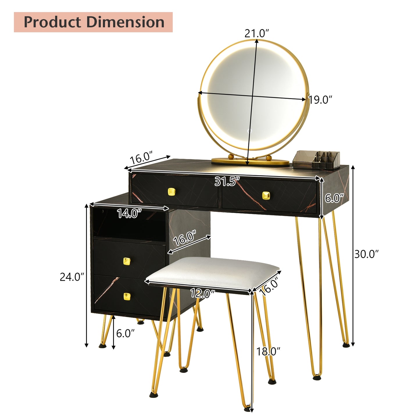Modern Vanity Table with Storage Cabinet, Adjustable LED Mirror & Cushioned Stool - Black