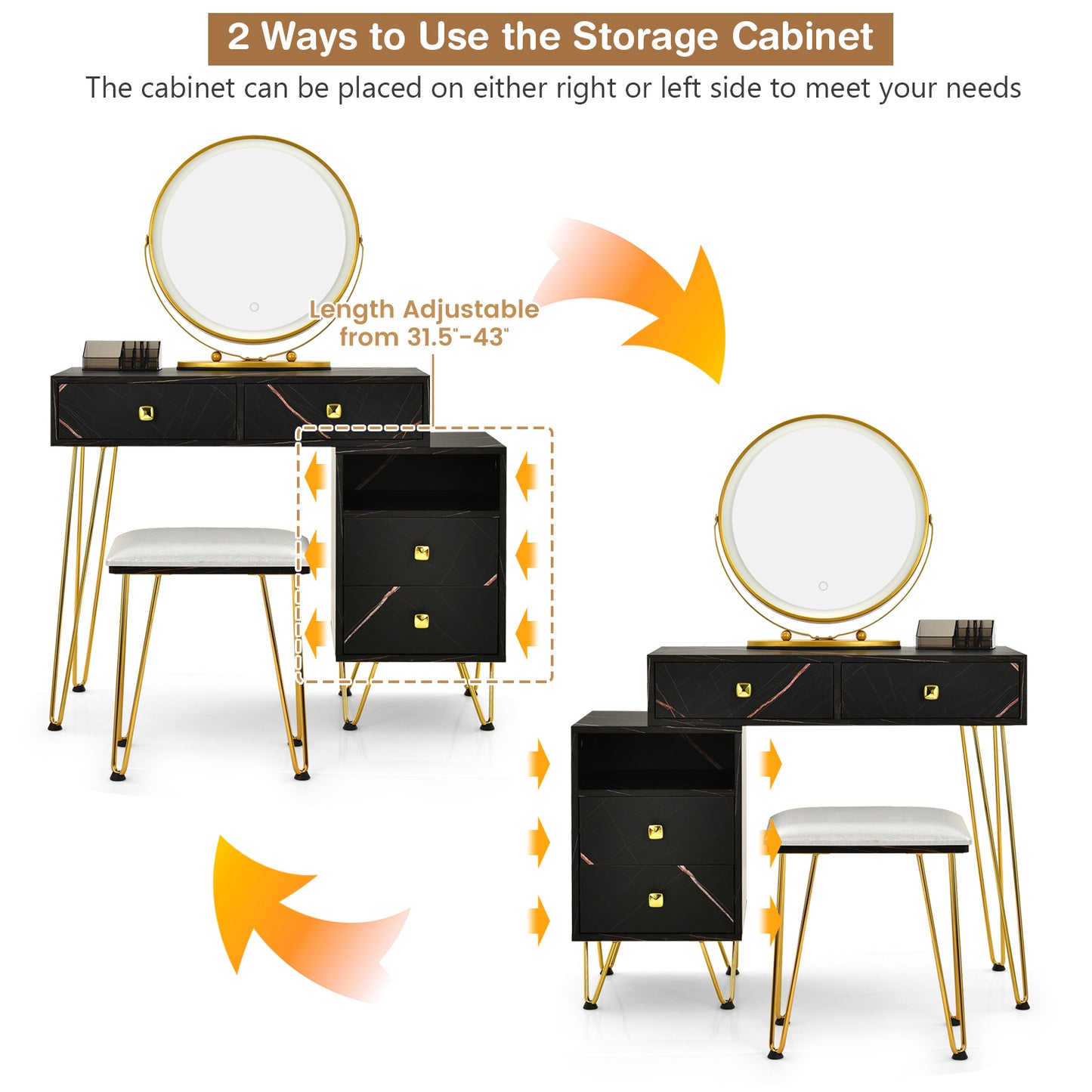 Modern Vanity Table with Storage Cabinet, Adjustable LED Mirror & Cushioned Stool - Black