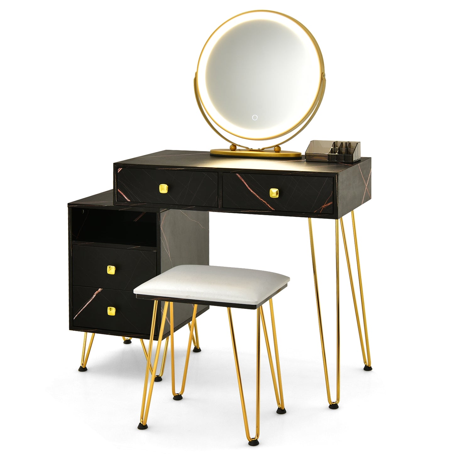 Modern Vanity Table with Storage Cabinet, Adjustable LED Mirror & Cushioned Stool - Black