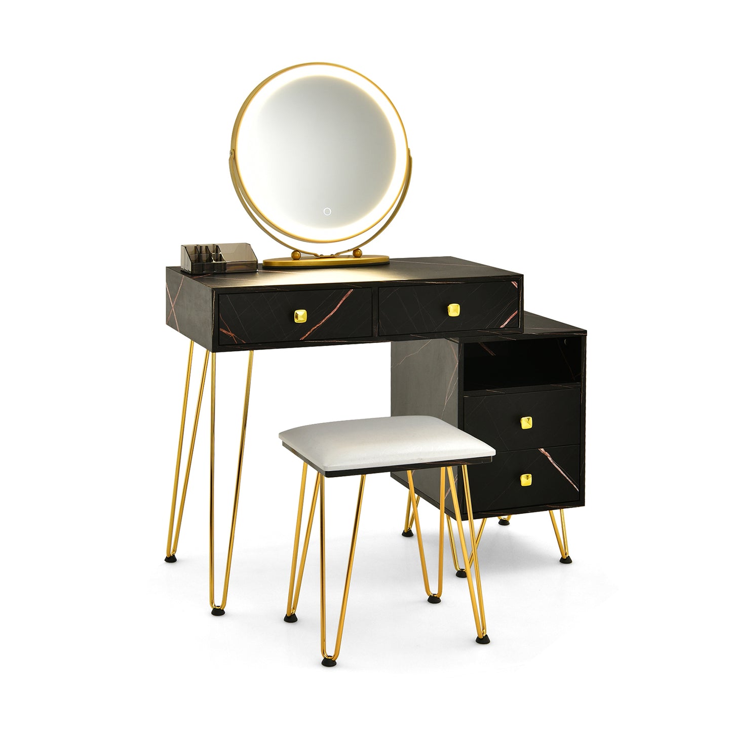 Modern Vanity Table with Storage Cabinet, Adjustable LED Mirror & Cushioned Stool - Black